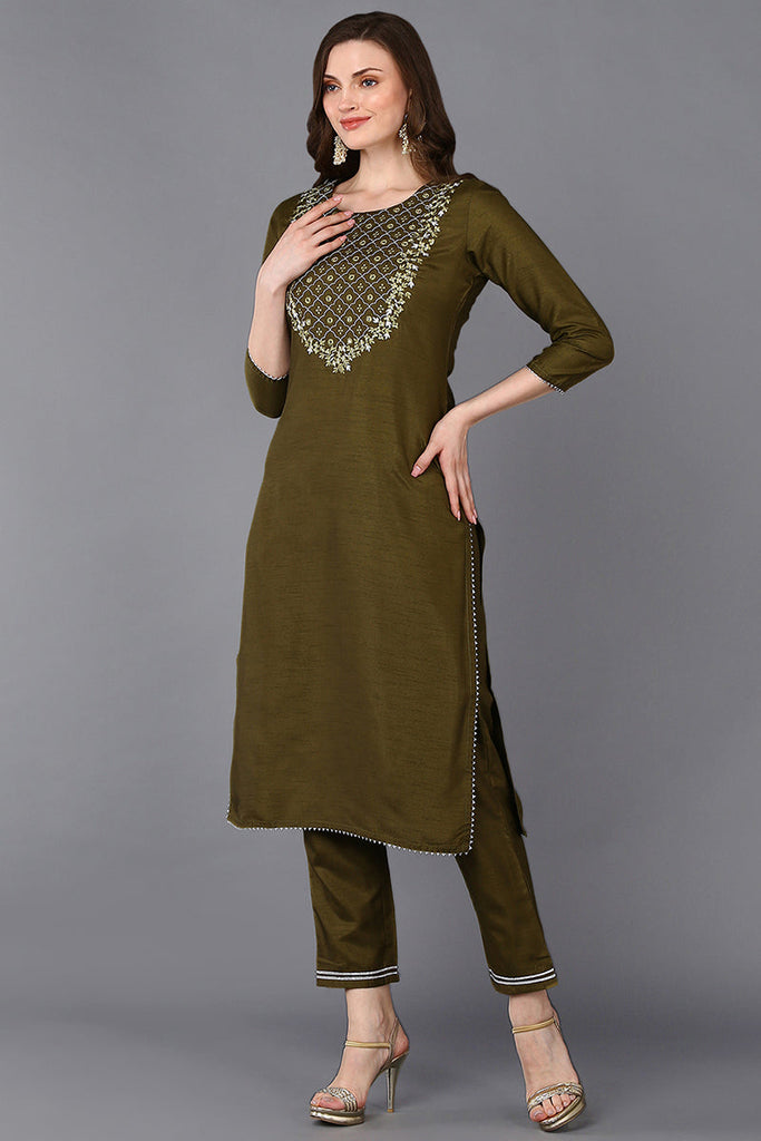 Mehndi Green Silk Blend Embroidered Straight Kurta VCK9285