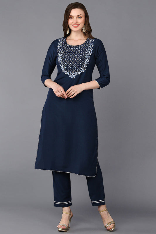 Navy Blue Silk Blend Embroidered Straight Kurta VCK9286