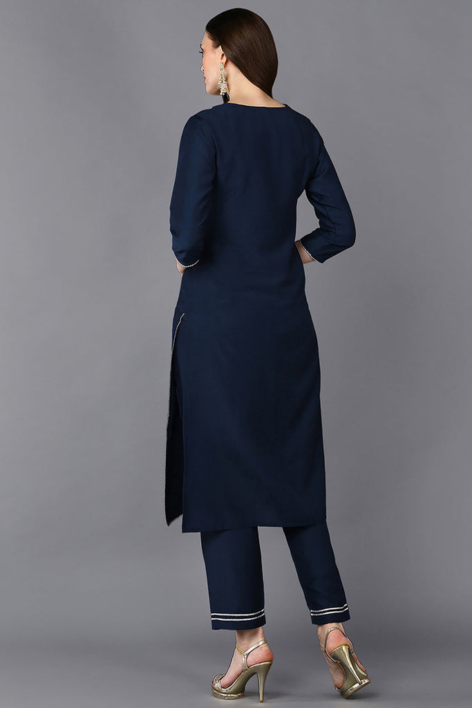 Navy Blue Silk Blend Embroidered Straight Kurta VCK9286