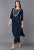 Navy Blue Silk Blend Embroidered Straight Kurta VCK9286