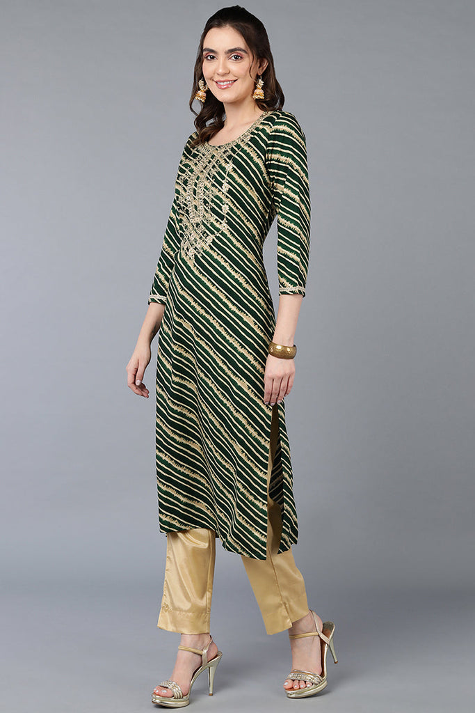 Green Viscose Rayon Leheriya Printed Straight Kurta VCK9287