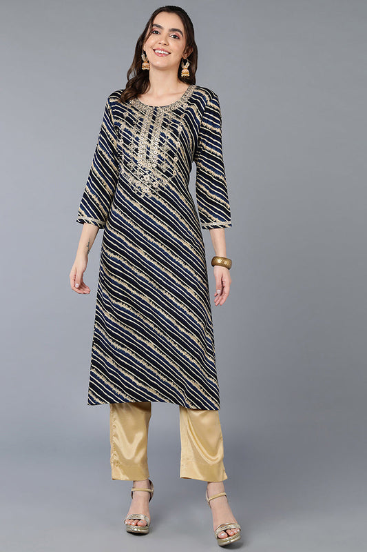 Navy Blue Viscose Rayon Leheriya Printed Straight Kurta VCK9288