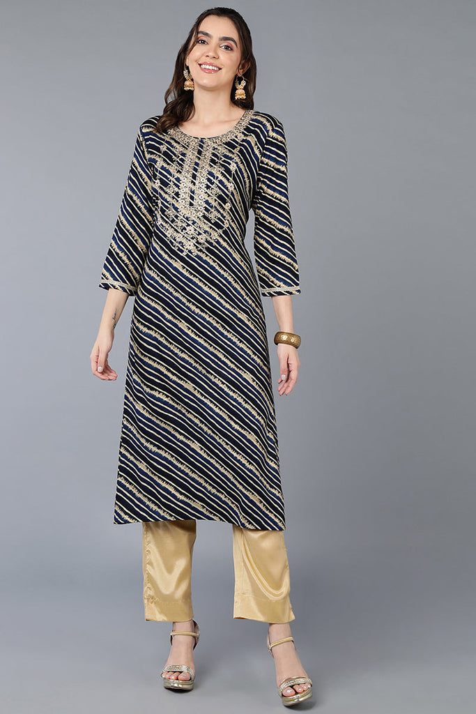 Navy Blue Viscose Rayon Leheriya Printed Straight Kurta VCK9288