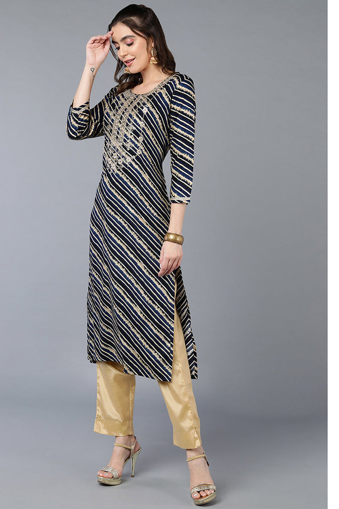 Navy Blue Viscose Rayon Leheriya Printed Straight Kurta VCK9288