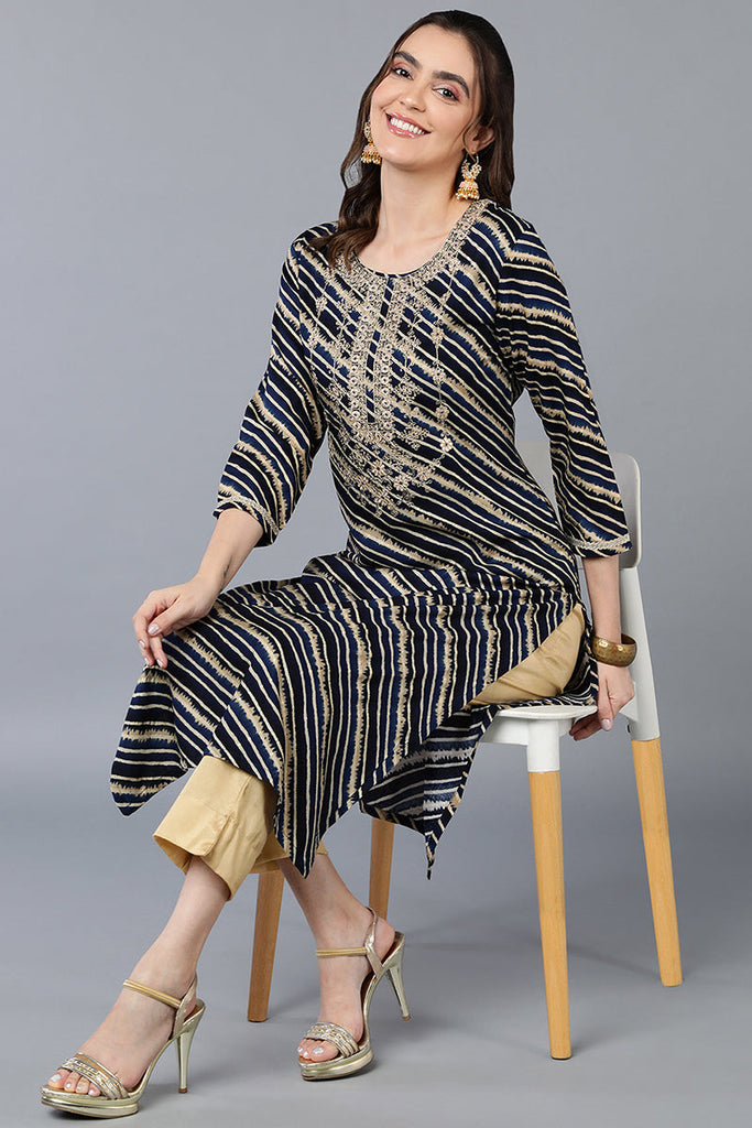 Navy Blue Viscose Rayon Leheriya Printed Straight Kurta VCK9288