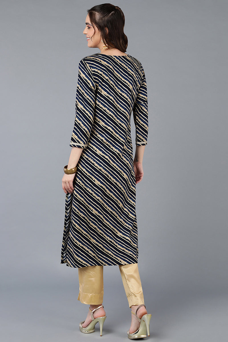 Navy Blue Viscose Rayon Leheriya Printed Straight Kurta VCK9288