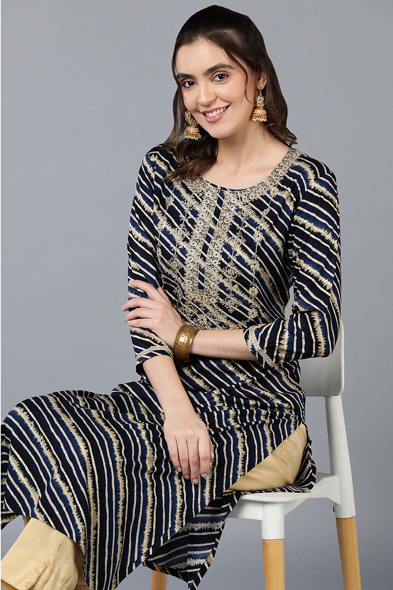 Navy Blue Viscose Rayon Leheriya Printed Straight Kurta VCK9288