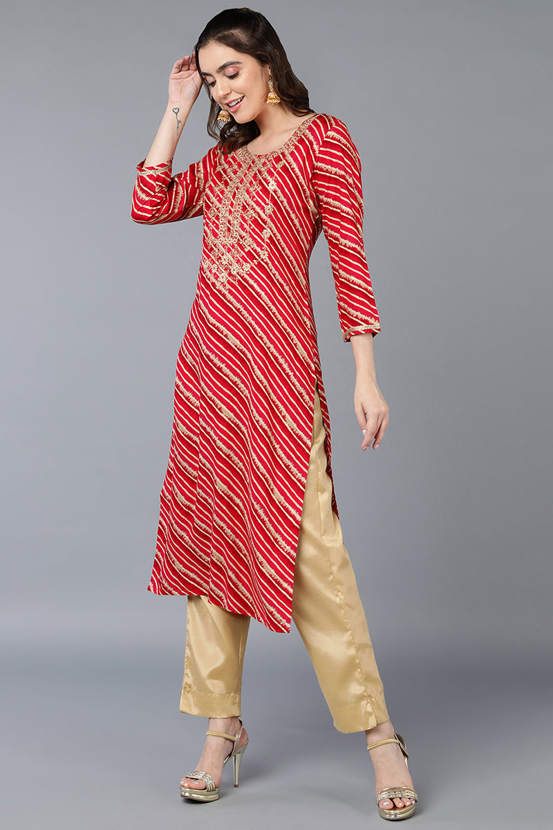 Rani Pink Viscose Rayon Leheriya Printed Straight Kurta VCK9289