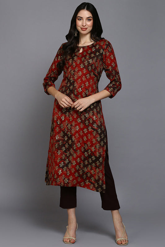 Red Silk Blend Ethnic Motifs Straight Kurta VCK9300