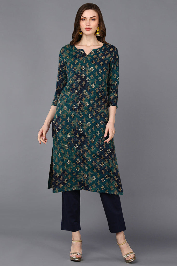 Silk Blend Blue Printed Straight Kurta VCK9303