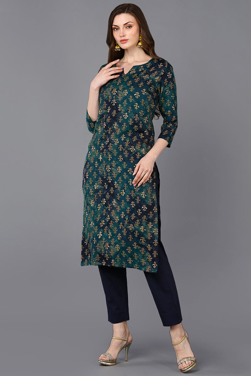 Silk Blend Blue Printed Straight Kurta VCK9303