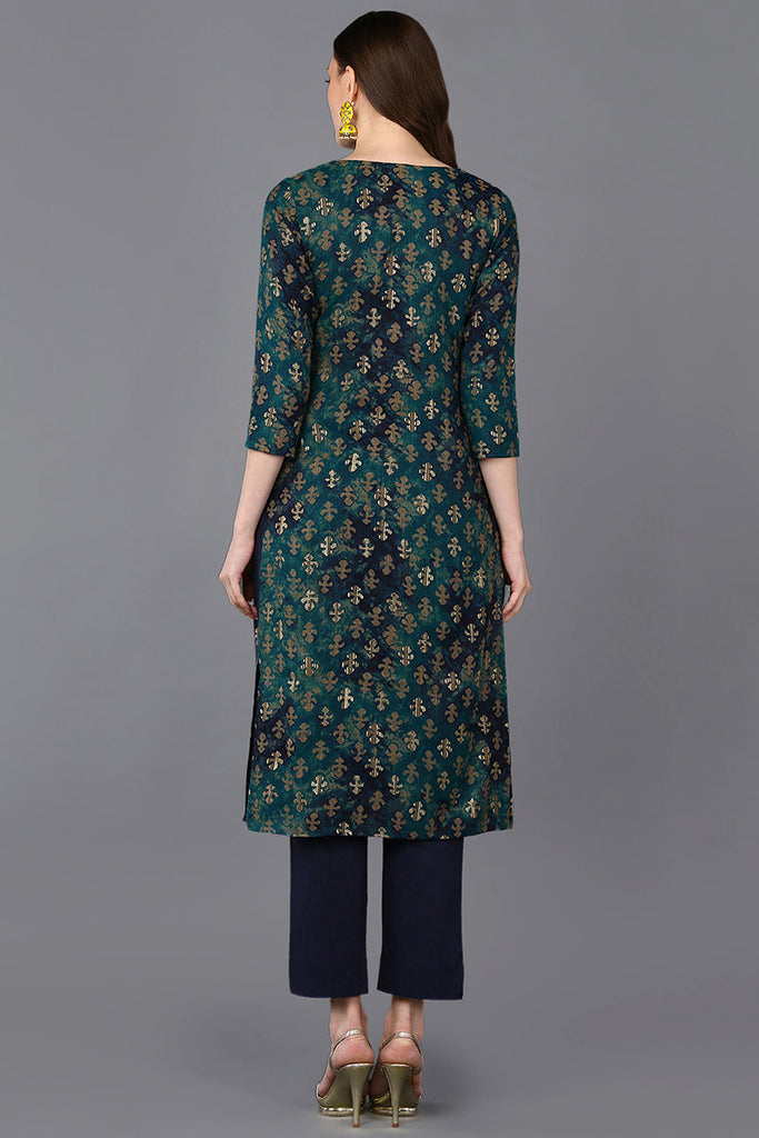 Silk Blend Blue Printed Straight Kurta VCK9303