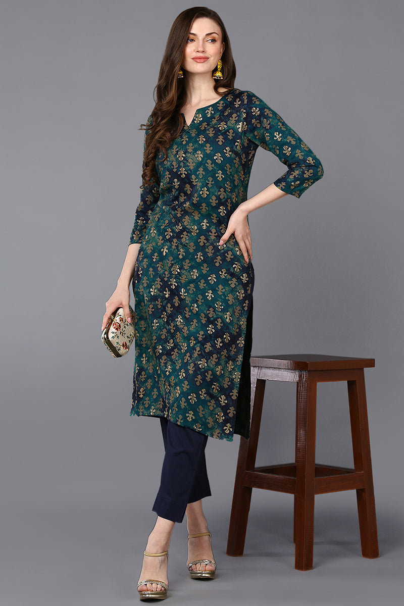 Silk Blend Blue Printed Straight Kurta VCK9303