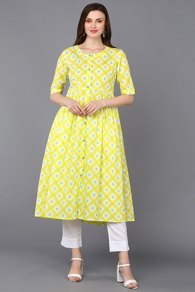 Cotton Yellow Printed Flared Kurta VCK9308