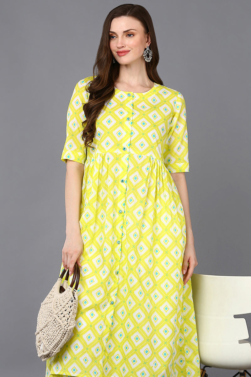 Cotton Yellow Printed Flared Kurta VCK9308