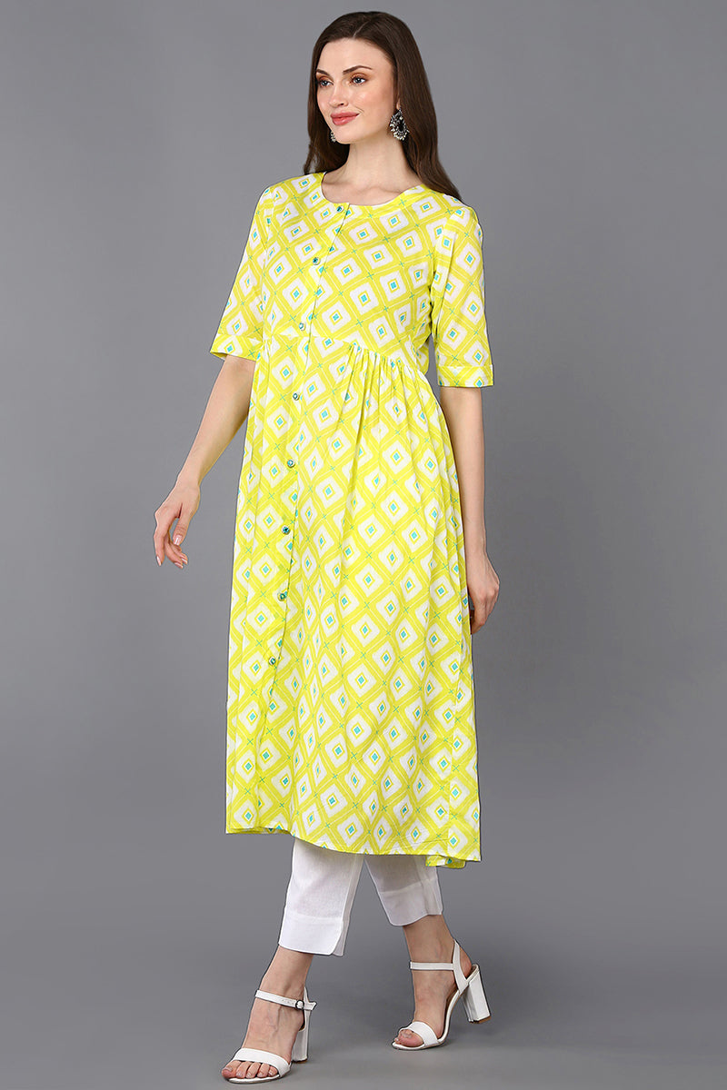 Cotton Yellow Printed Flared Kurta VCK9308