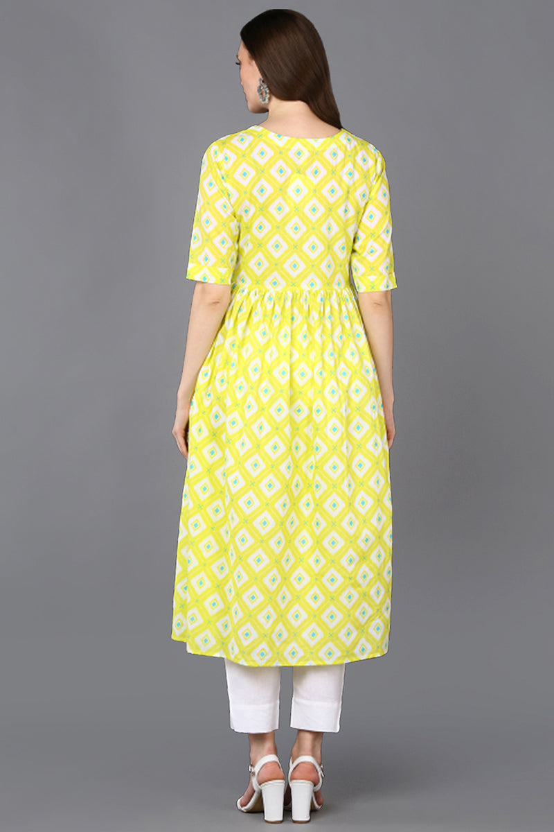 Cotton Yellow Printed Flared Kurta VCK9308