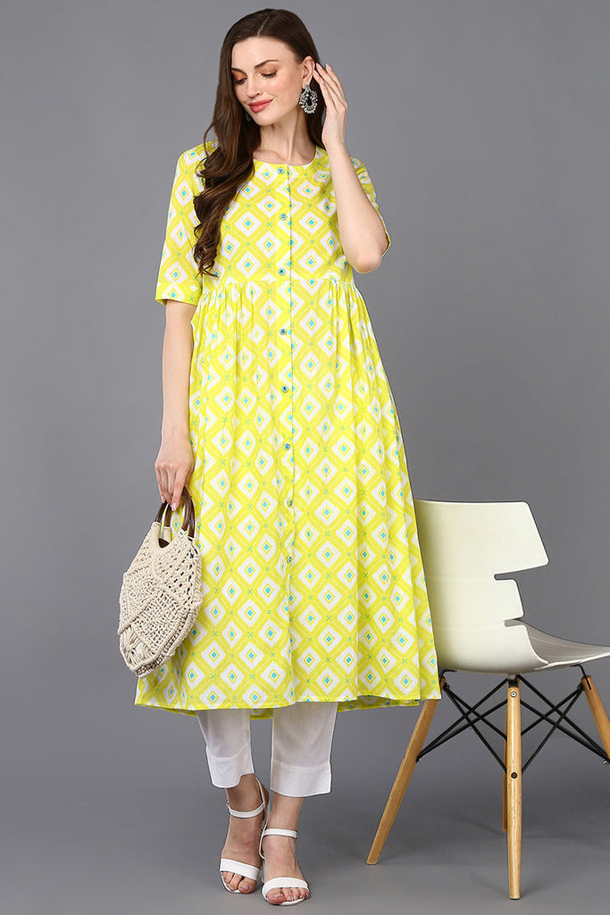 Cotton Yellow Printed Flared Kurta VCK9308