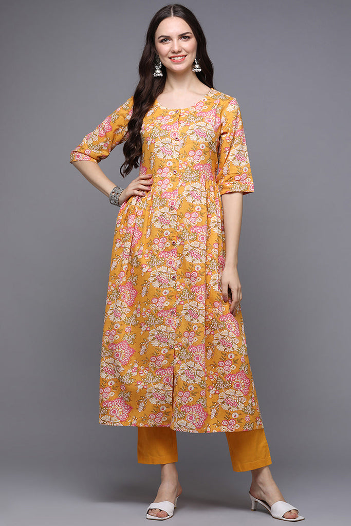 Yellow Cotton Floral A-Line Kurta VCK9310