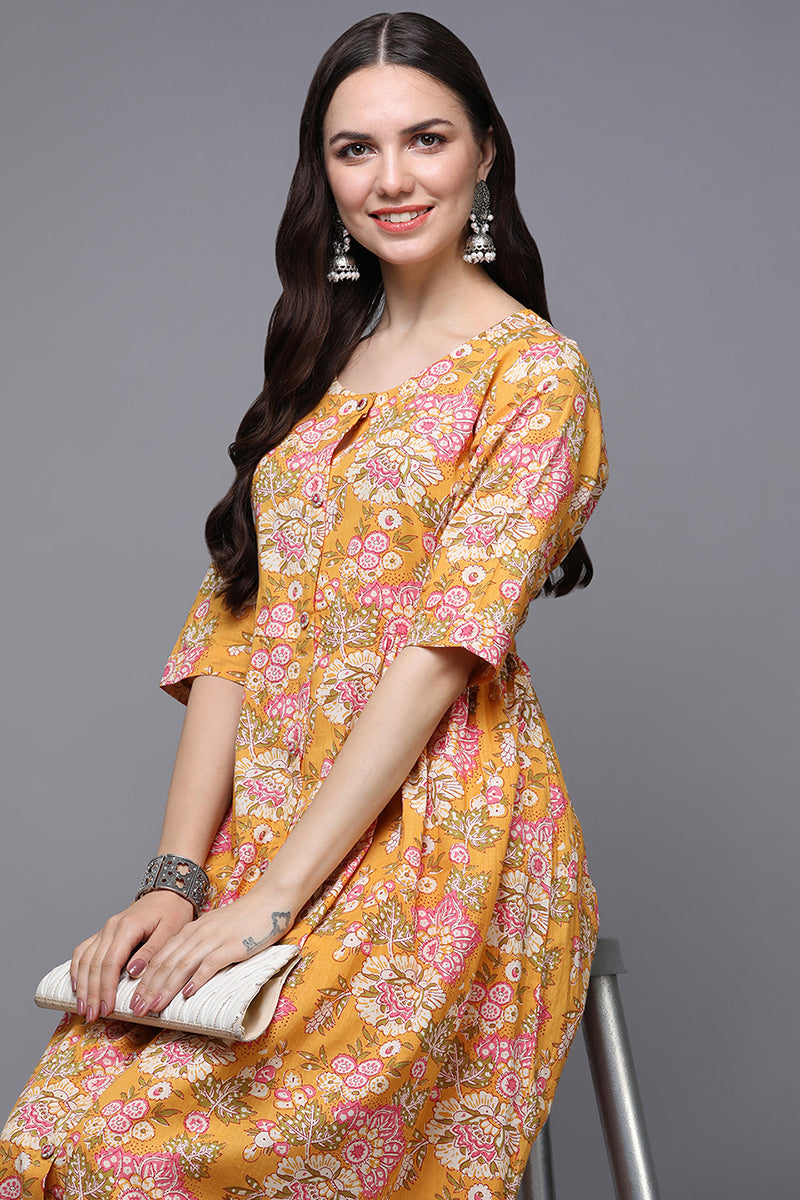 Yellow Cotton Floral A-Line Kurta VCK9310