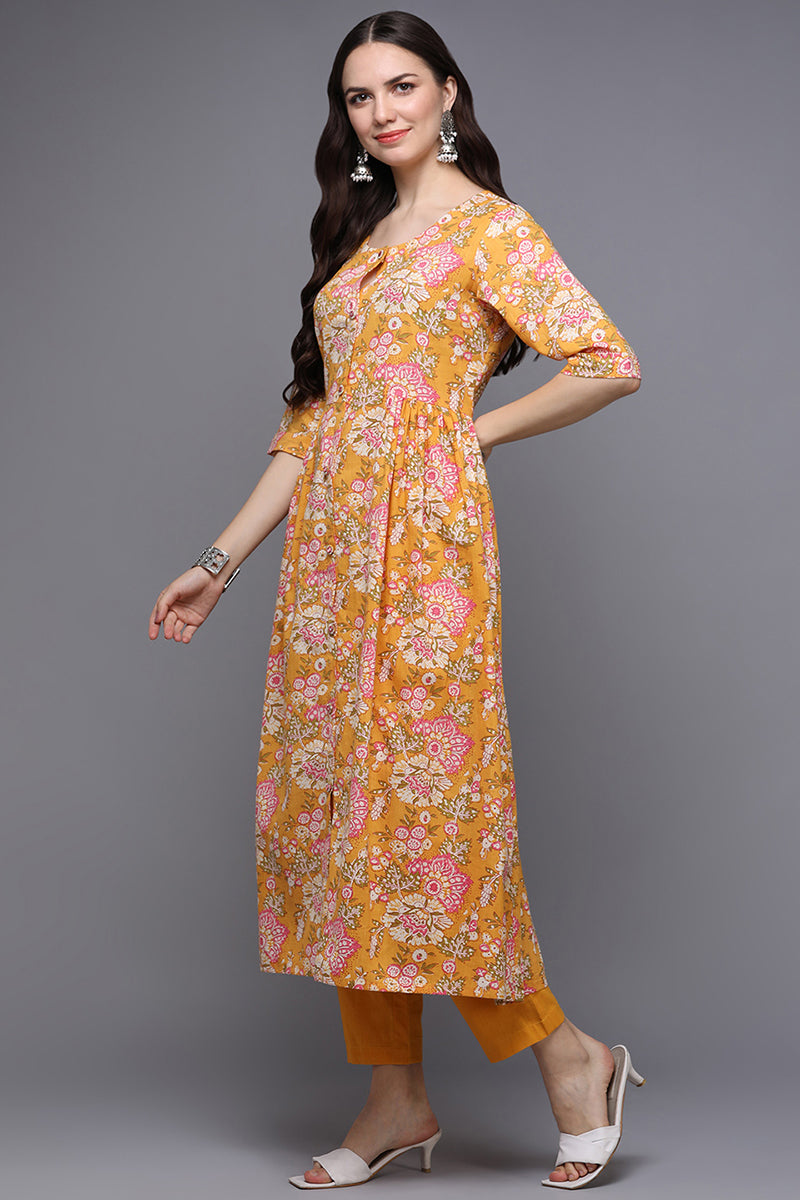 Yellow Cotton Floral A-Line Kurta VCK9310