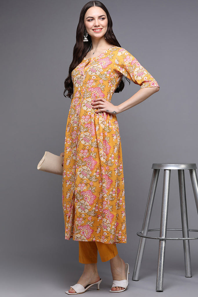 Yellow Cotton Floral A-Line Kurta VCK9310