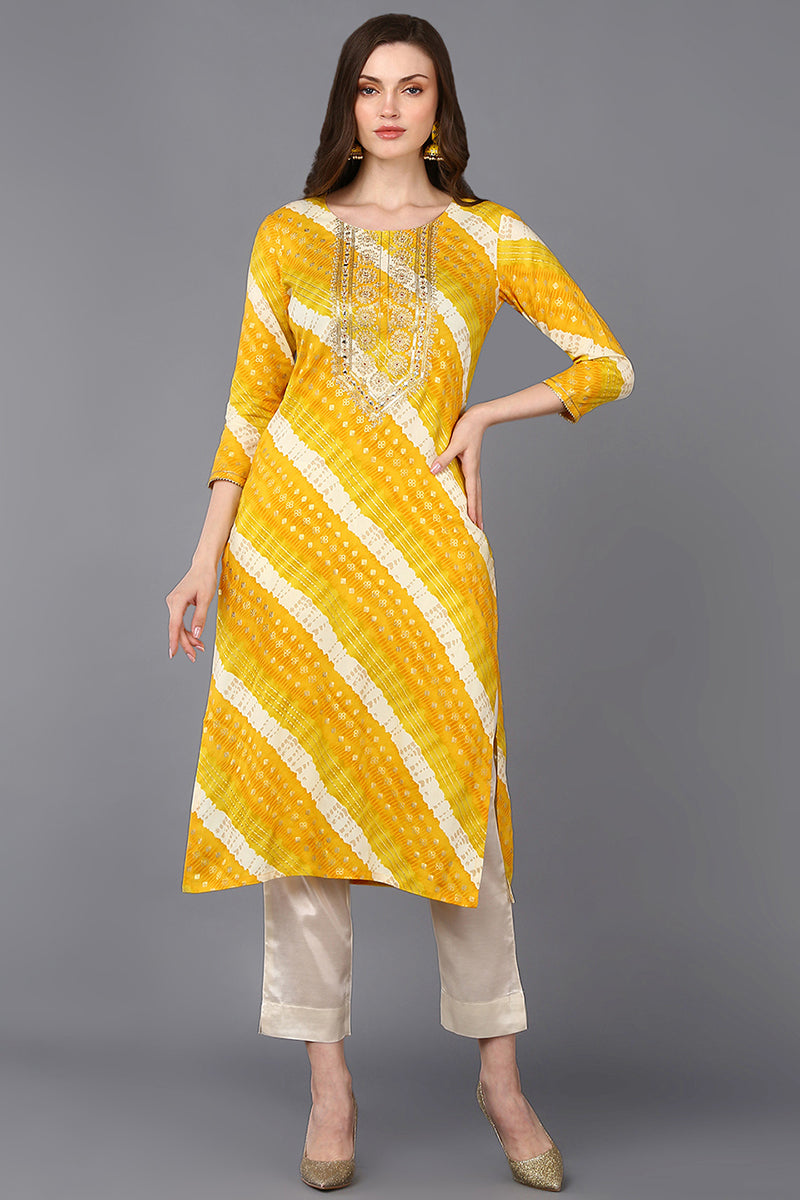 Viscose Rayon Yellow Laheriya Printed Straight Kurta VCK9311