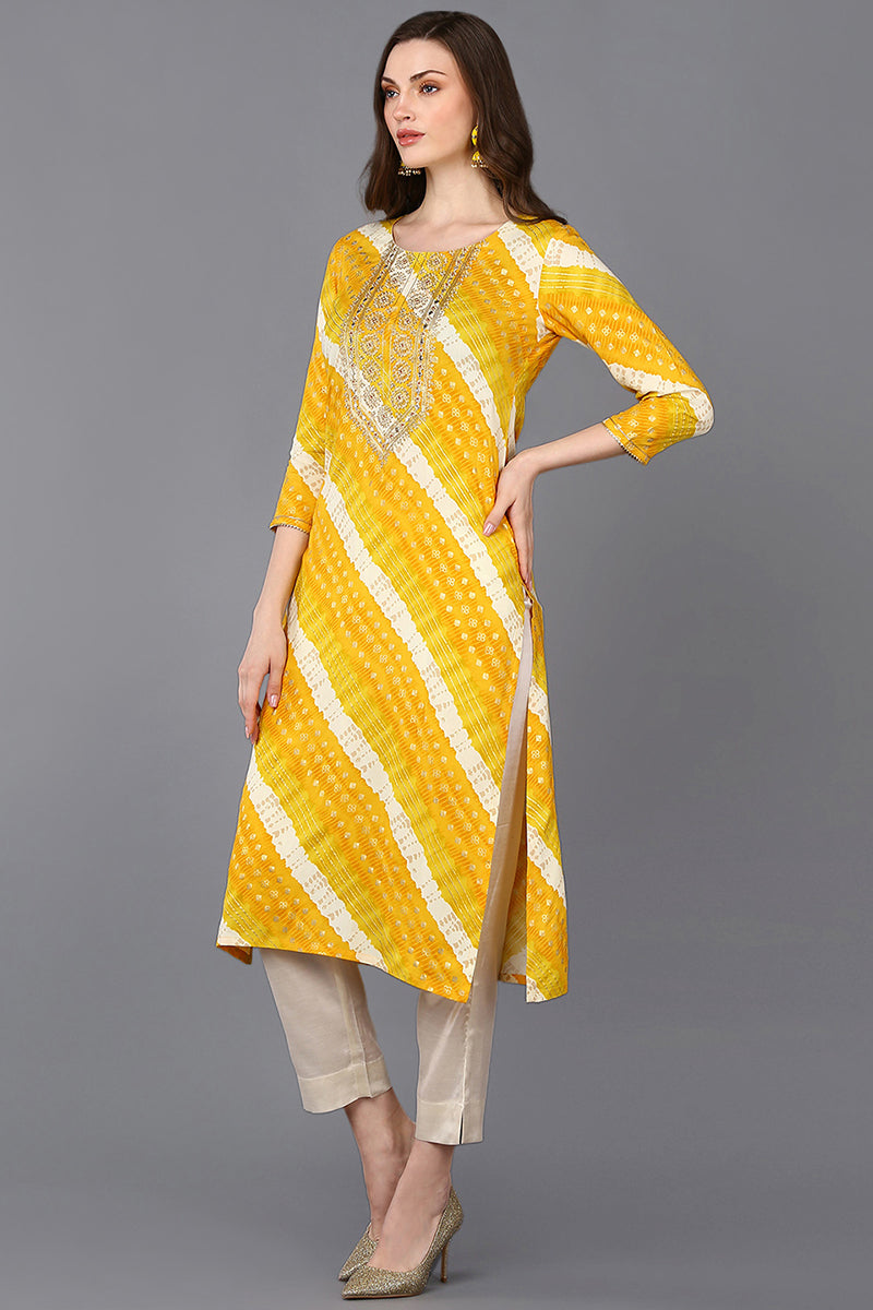 Viscose Rayon Yellow Laheriya Printed Straight Kurta VCK9311