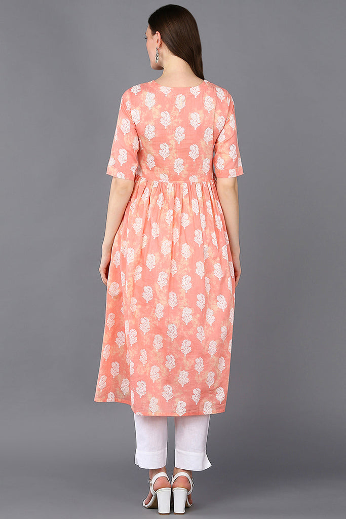 Cotton Peach Floral Printed Flared Kurta VCK9317