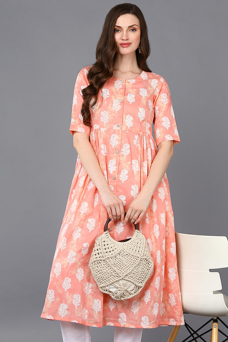 Cotton Peach Floral Printed Flared Kurta VCK9317