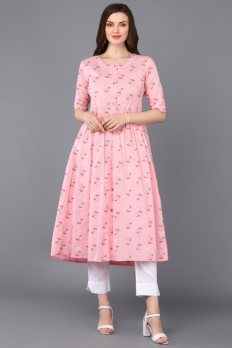 Cotton Pink Printed Flared Kurta VCK9322