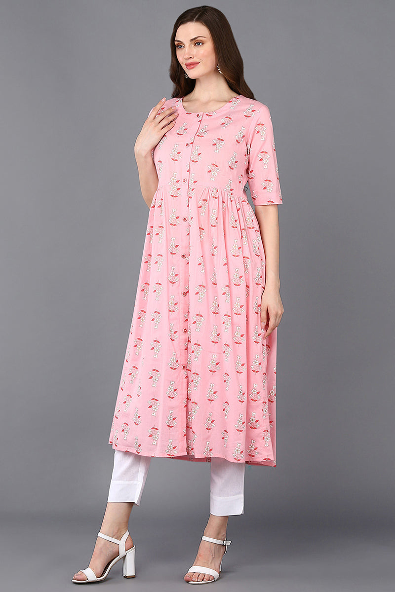 Cotton Pink Printed Flared Kurta VCK9322