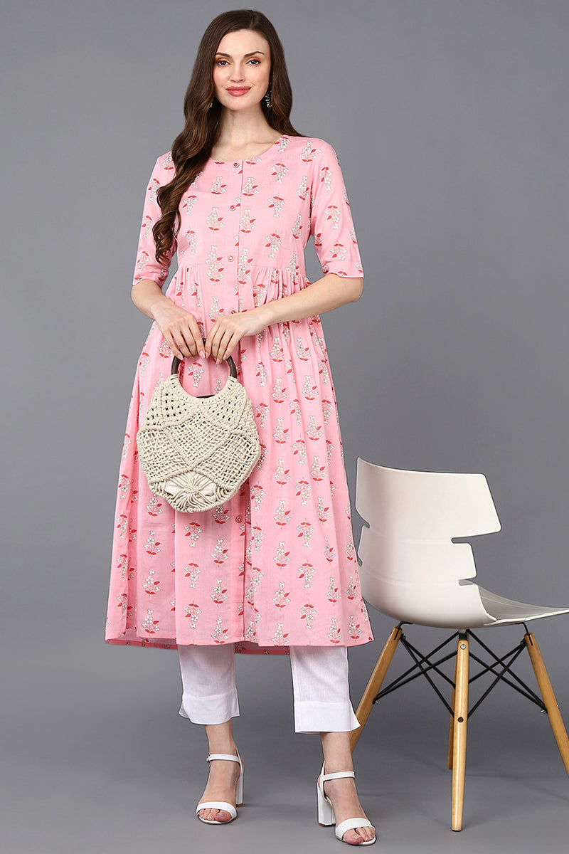 Cotton Pink Printed Flared Kurta VCK9322