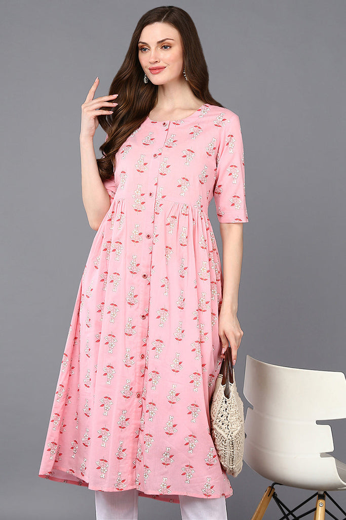 Cotton Pink Printed Flared Kurta VCK9322