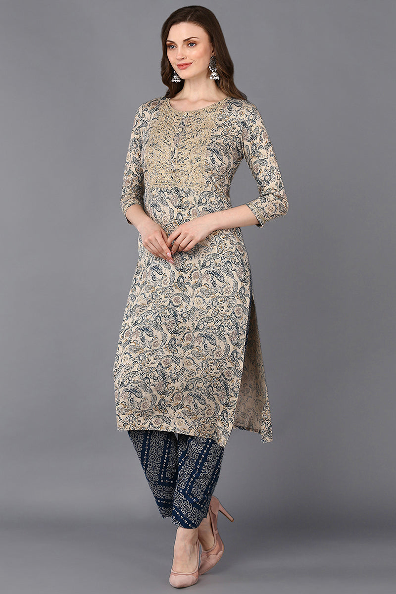 Viscose Rayon Beige Printed Straight Kurta VCK9324