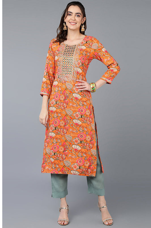 Orange Viscose Rayon Floral Printed Straight Kurta VCK9334