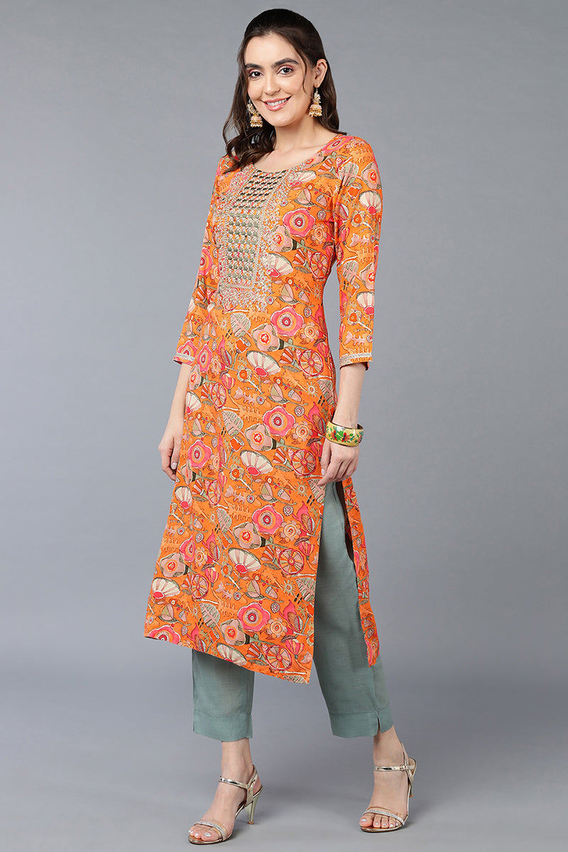 Orange Viscose Rayon Floral Printed Straight Kurta VCK9334