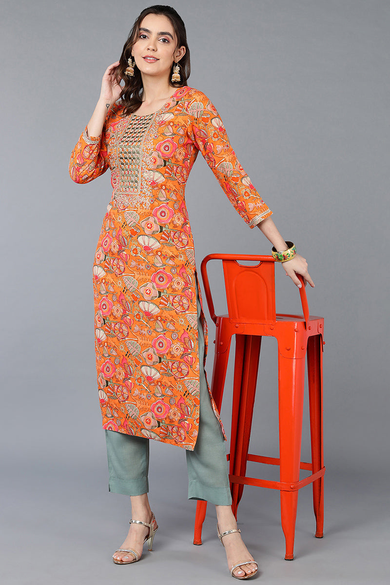 Orange Viscose Rayon Floral Printed Straight Kurta VCK9334