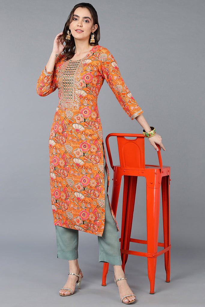 Orange Viscose Rayon Floral Printed Straight Kurta VCK9334