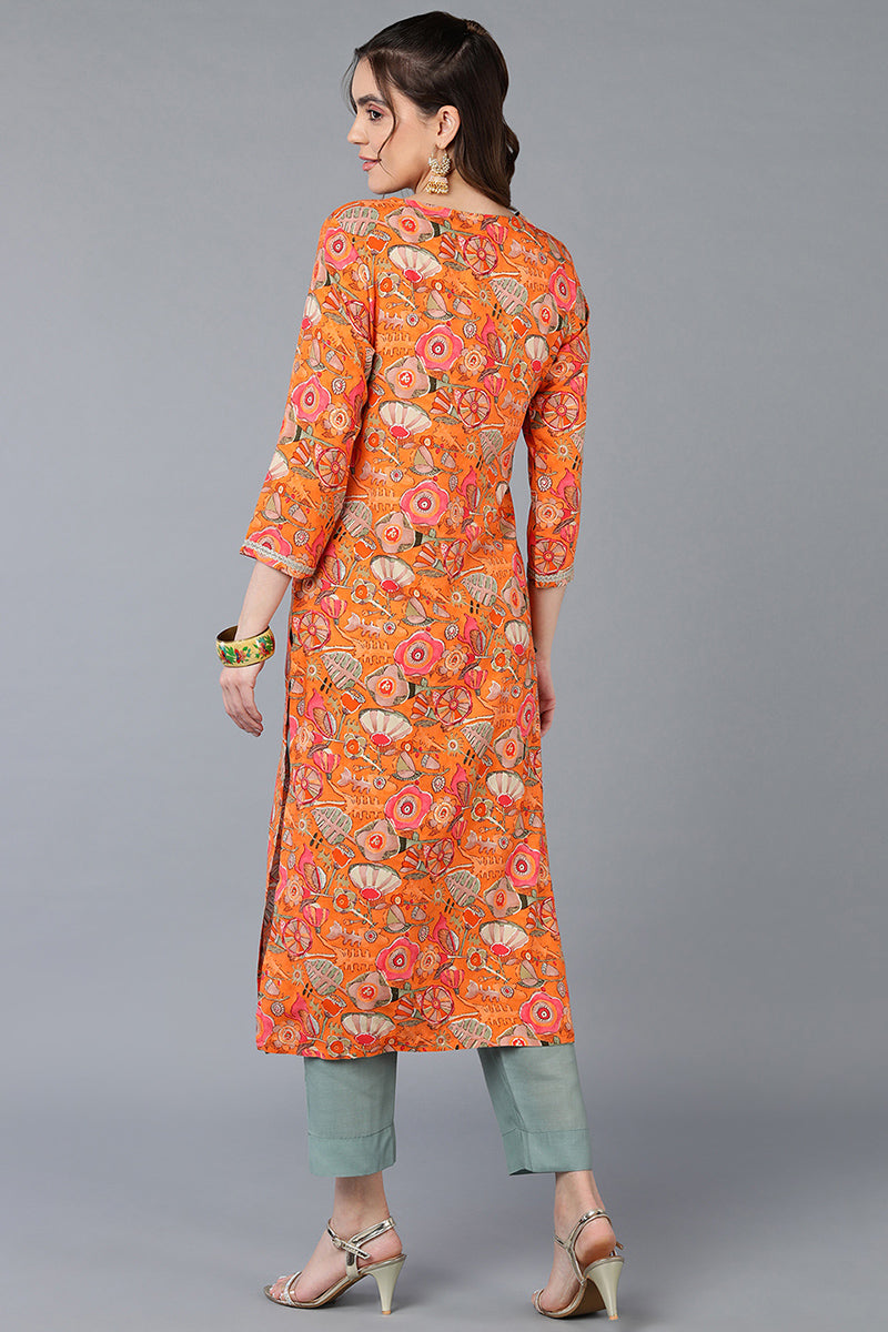 Orange Viscose Rayon Floral Printed Straight Kurta VCK9334