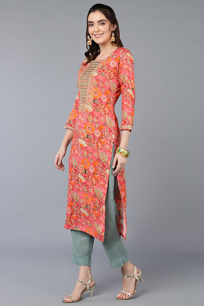 Pink Viscose Rayon Floral Printed Straight Kurta VCK9335