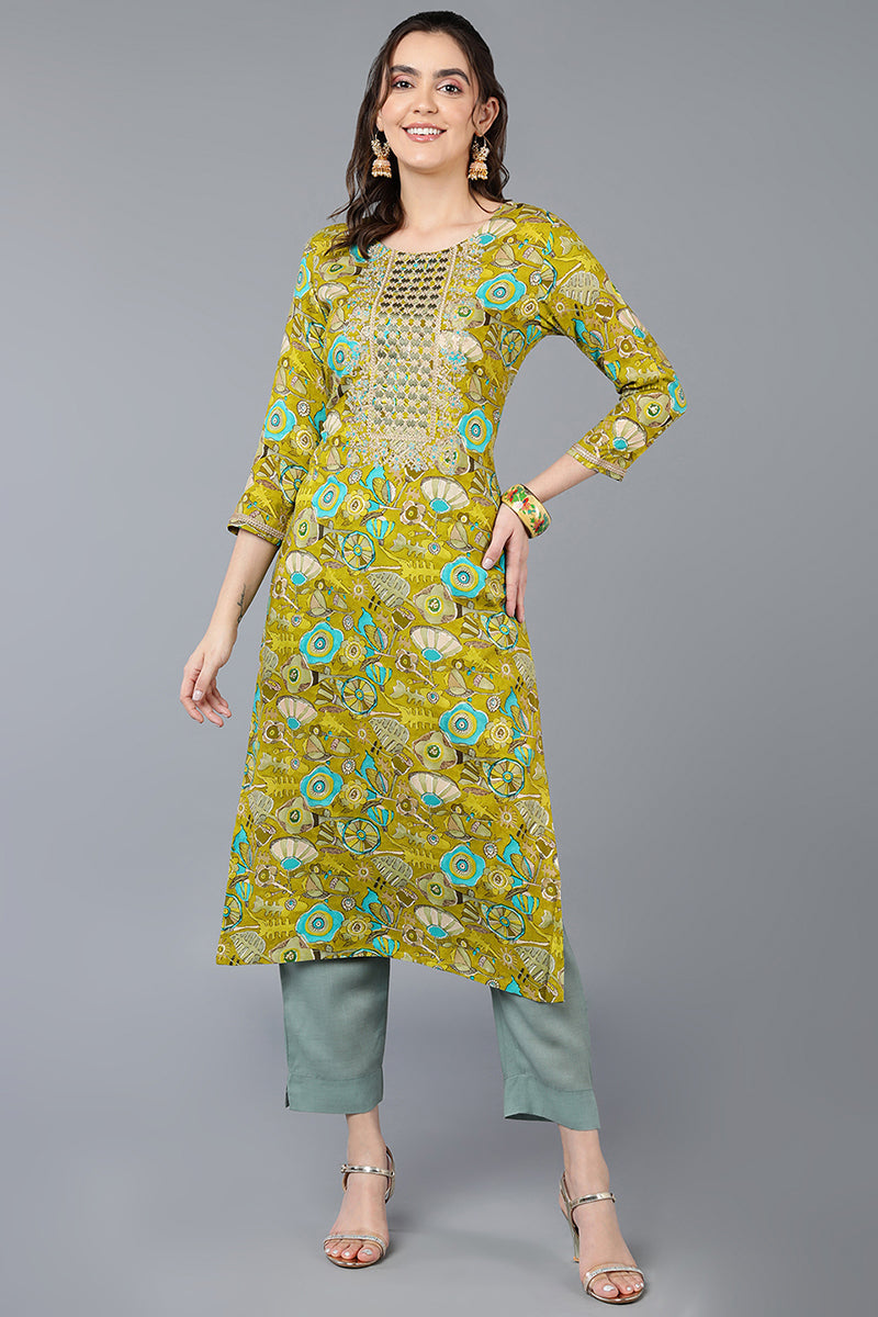 Green Viscose Rayon Floral Printed Straight Kurta VCK9336