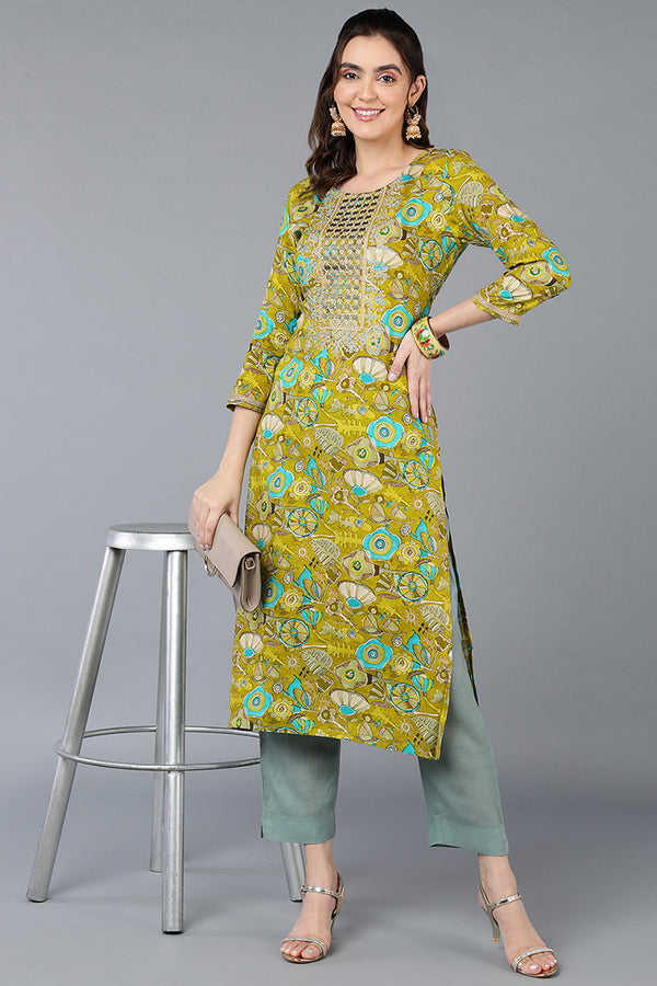 Green Viscose Rayon Floral Printed Straight Kurta VCK9336