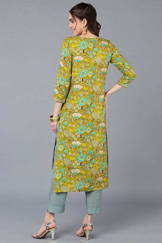 Green Viscose Rayon Floral Printed Straight Kurta VCK9336