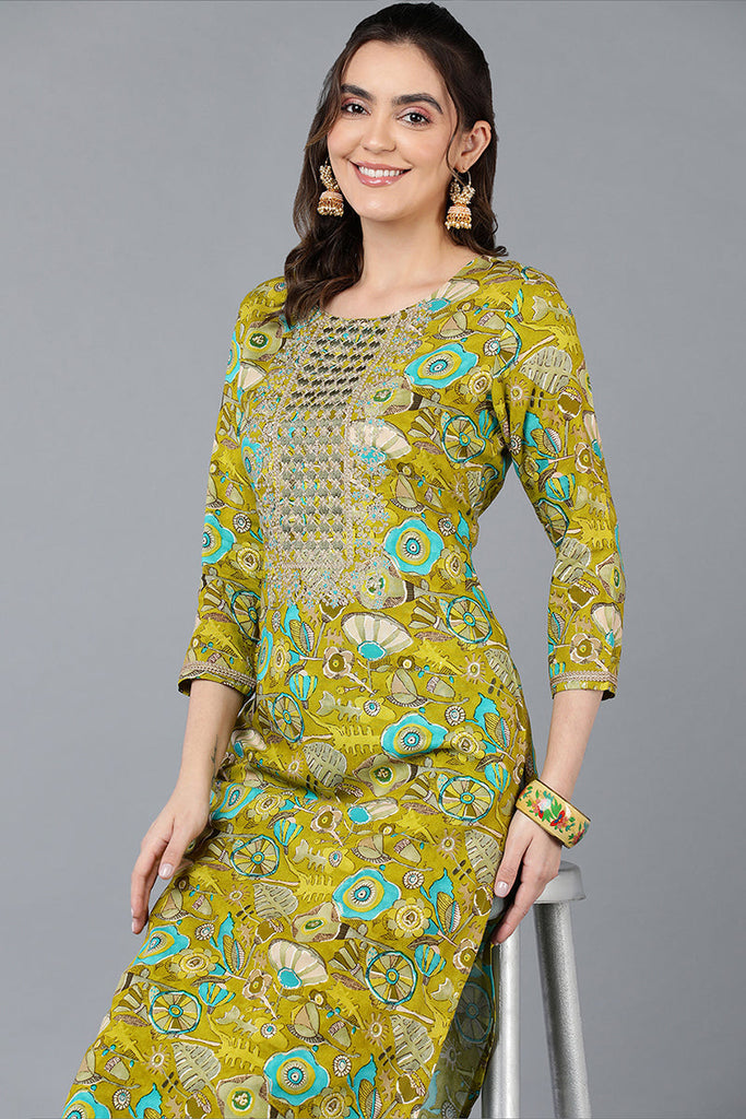 Green Viscose Rayon Floral Printed Straight Kurta VCK9336