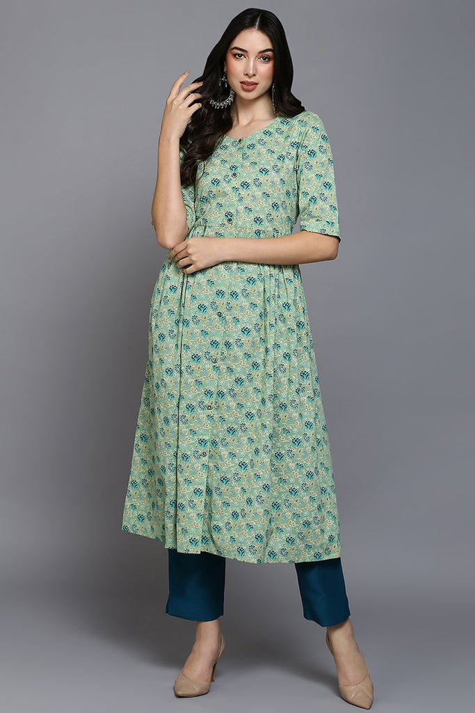 Sea Green Cotton Floral Straight Kurta VCK9338