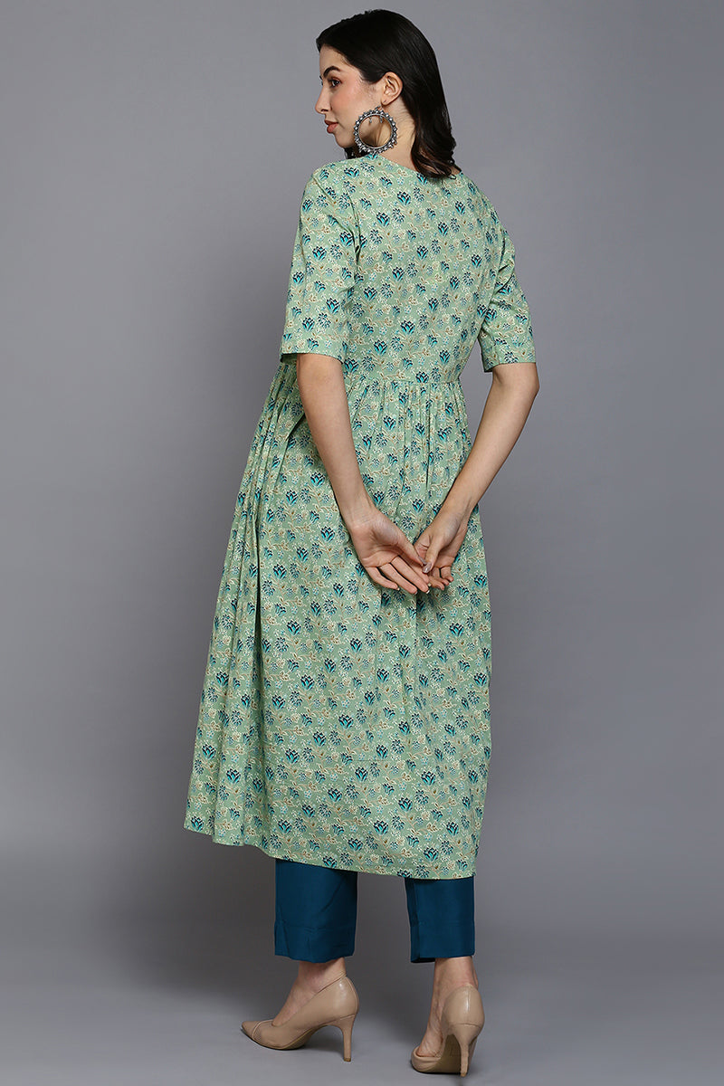 Sea Green Cotton Floral Straight Kurta VCK9338