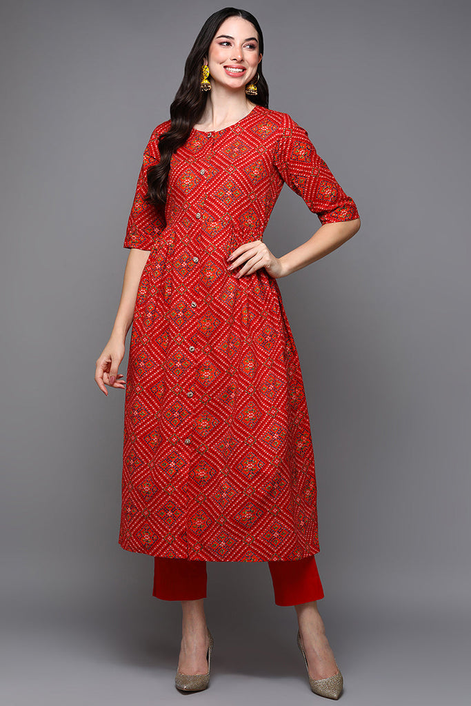 Red Cotton Bandhani A-Line Kurta VCK9340