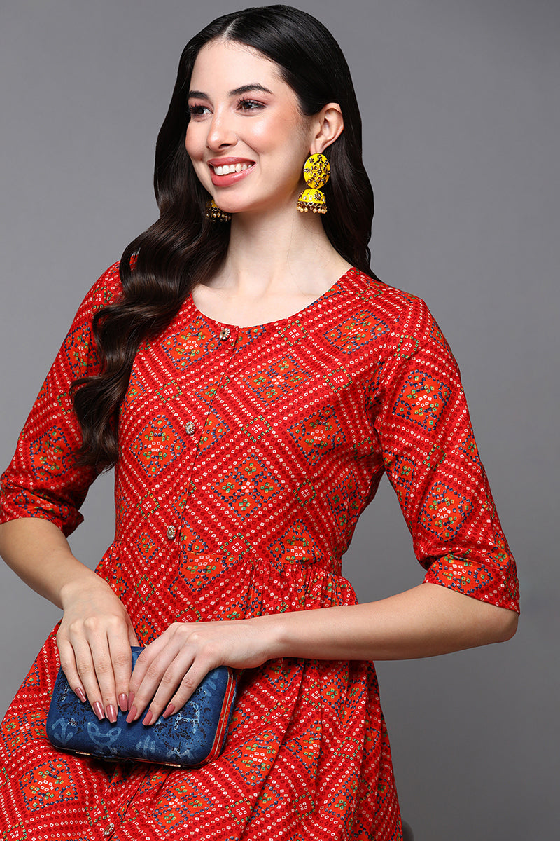 Red Cotton Bandhani A-Line Kurta VCK9340