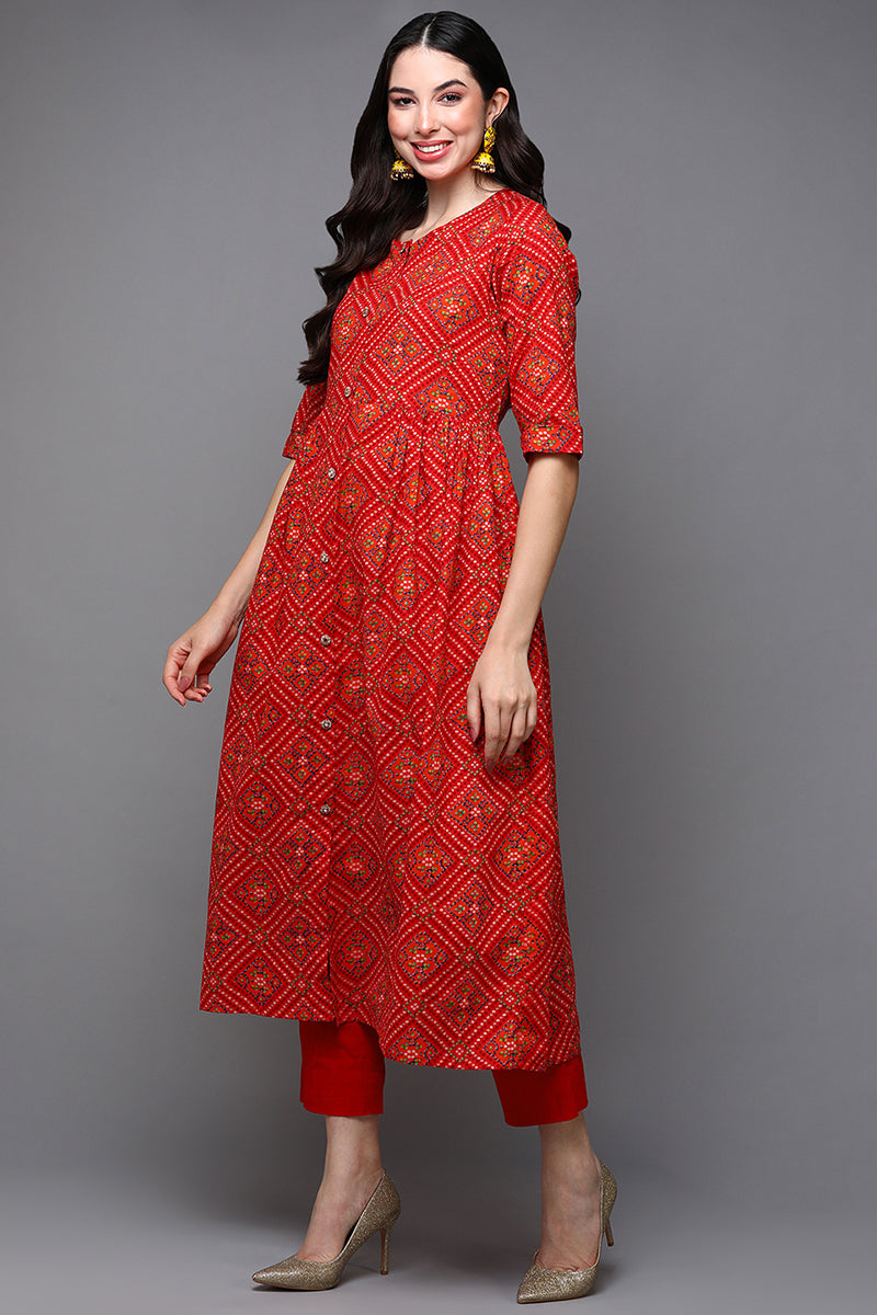 Red Cotton Bandhani A-Line Kurta VCK9340